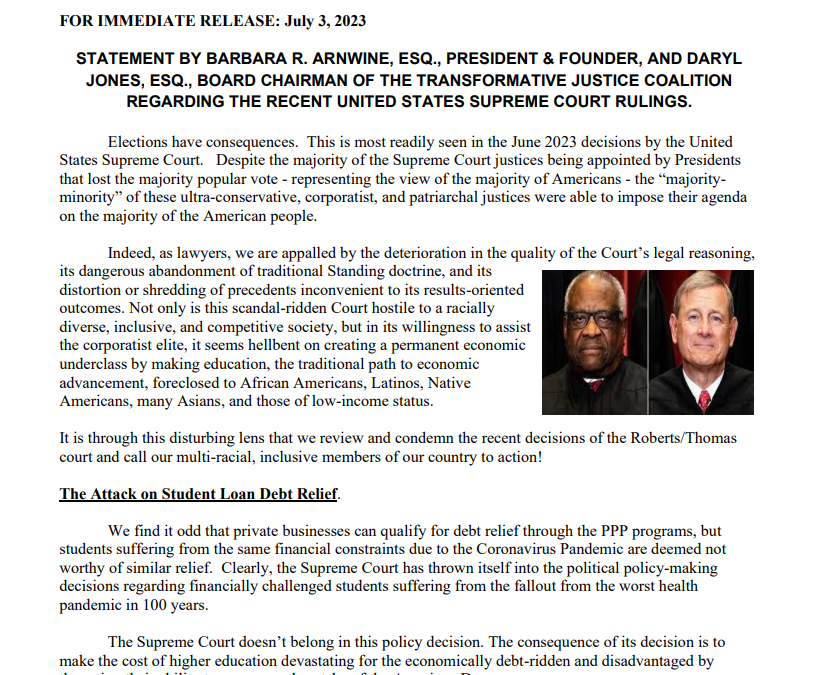 STATEMENT – Recent United States Supreme Court Rulings – Student Loan Debt Relief