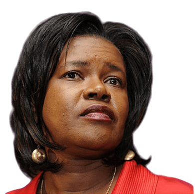 A woman with shoulder-length black hair, wearing a red blouse, gazes thoughtfully. The expression conveys determination and focus.