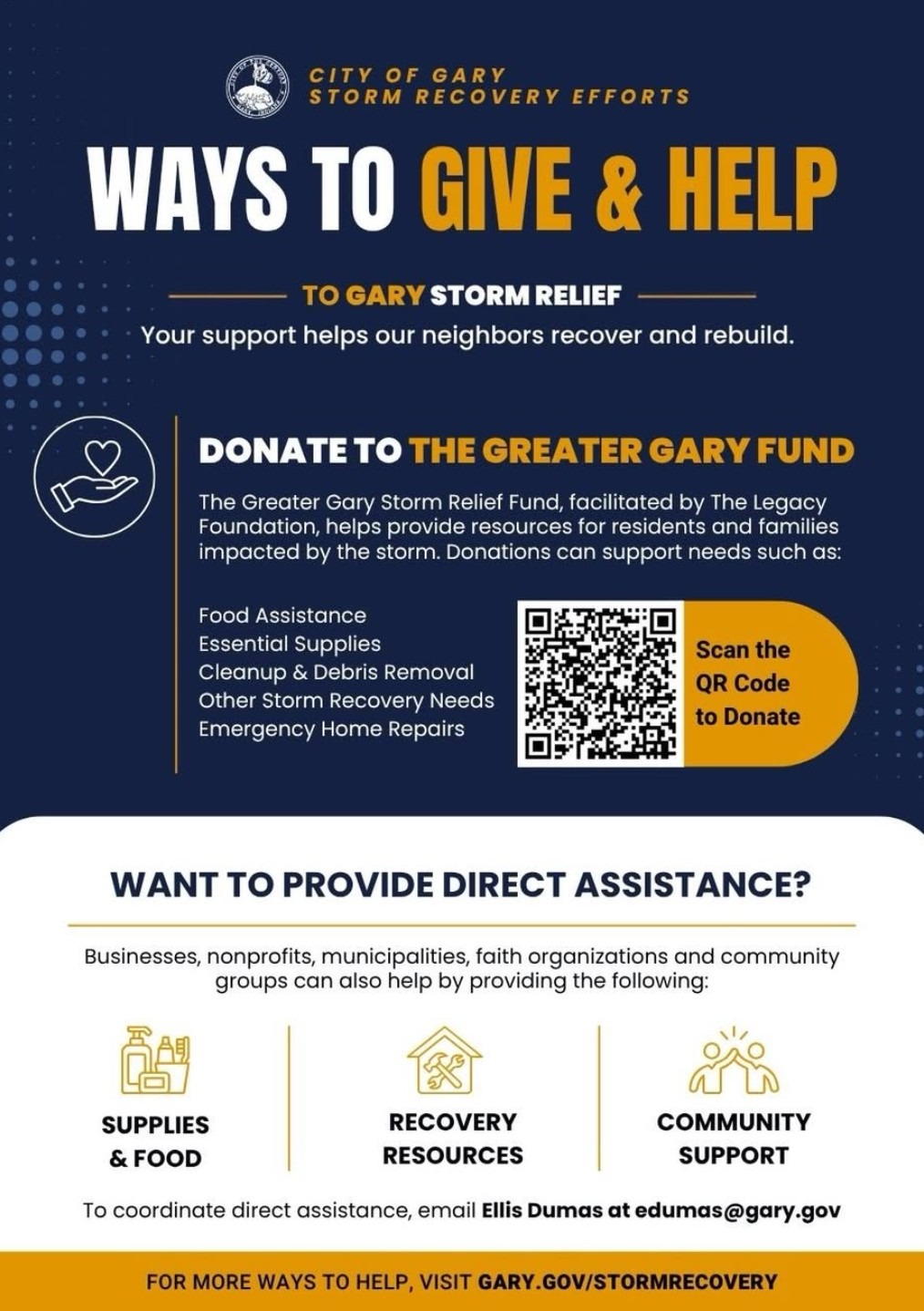 Graphic detailing ways to support storm recovery in Gary, including donation options for food assistance, supplies, and home repairs, along with a QR code.